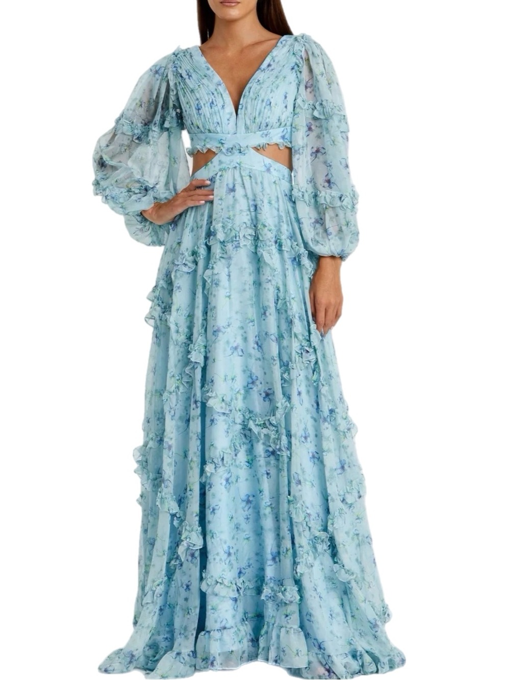 NWT Mac Duggal $498 MSRP Sky Blue Floral Long Sleeve Cutout Ruffle Tiered Gown - Picture 1 of 10